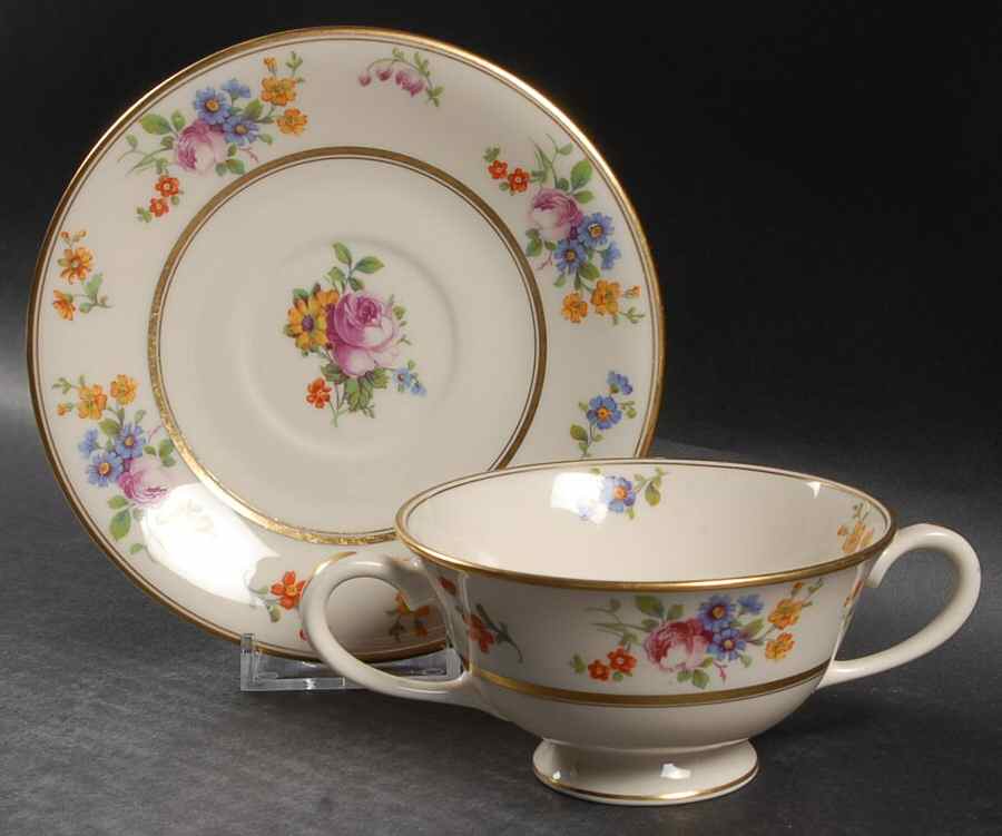 Floral Bouquet Footed Cream Soup Bowl & Saucer Set by Coxon Belleek-1