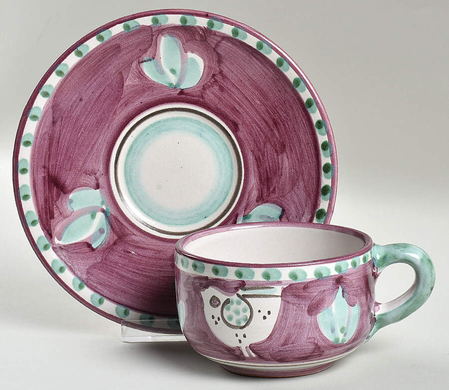 Campagna Chicken (Purple Border, Green Dots) Flat Cup & Saucer Set by Ceramica Artistica (CAS Vietri)-1