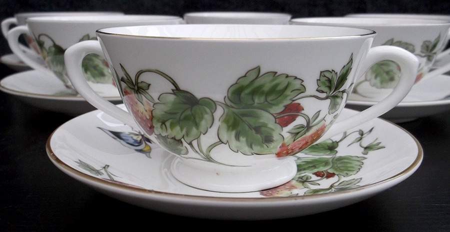 Strawberry (Smooth) Footed Cream Soup Bowl & Saucer Set by Coalport-1