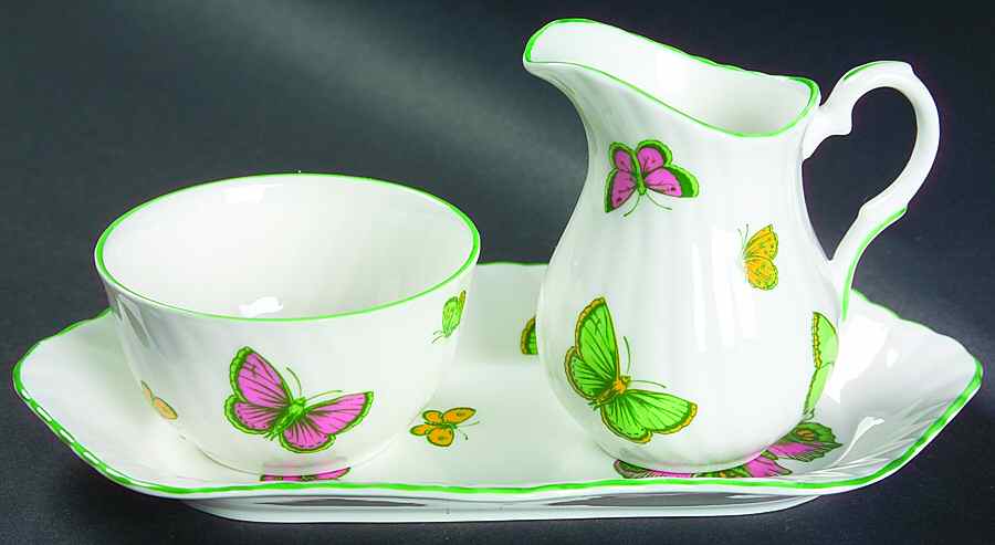 Butterfly Mini Creamer & Open Sugar with Tray by Crown Staffordshire-1