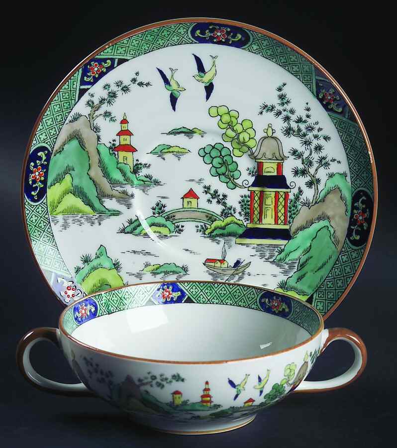 Ye Olde Willow Flat Cream Soup Bowl & Saucer Set by Crown Staffordshire-1