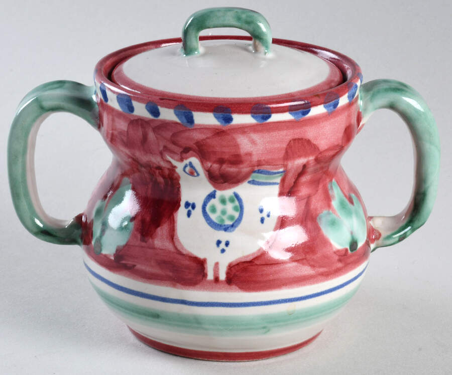 Campagna Chicken (Red Border, Blue Dots) Sugar Bowl & Lid by Ceramica Artistica (CAS Vietri)-1