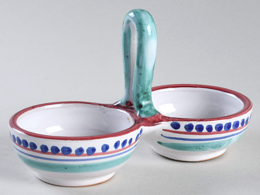 Campagna Chicken (Red Border, Blue Dots) Tray for Salt and Pepper Set by Ceramica Artistica (CAS Vietri)-1