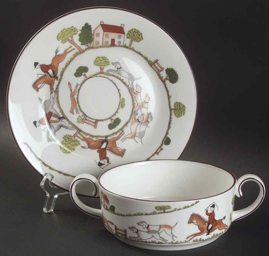 Hunting Scene Flat Cream Soup Bowl & Saucer Set by Coalport-1