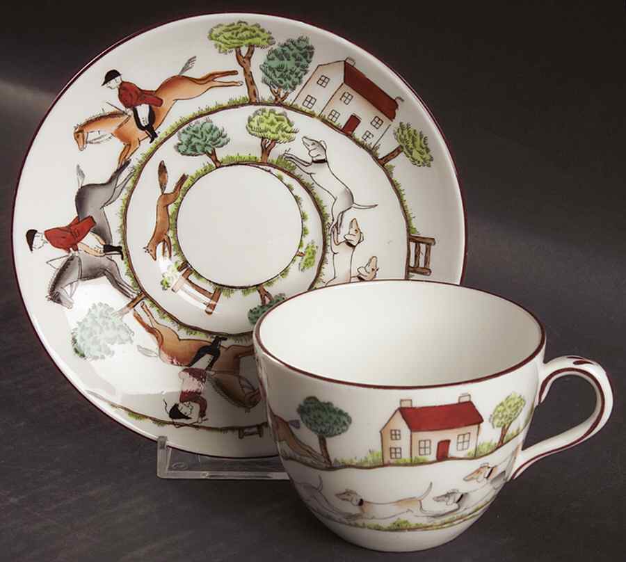Hunting Scene Flat Cup & Saucer Set by Coalport-1