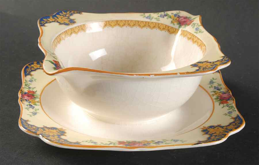 Westminster (Square, Scalloped) Gravy Boat with Attached Underplate by Crown Ducal-1