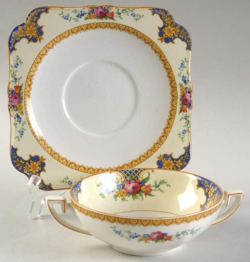 Westminster (Square, Scalloped) Flat Cream Soup Bowl & Saucer Set by Crown Ducal-1