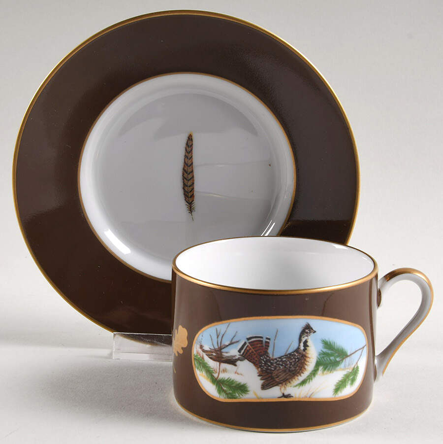 Winter Game Birds Chestnut Brown Flat Cup & Saucer Set by Lynn Chase-1