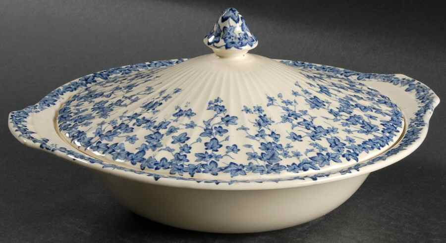 Early English Ivy Blue Round Covered Vegetable by Crown Ducal-1