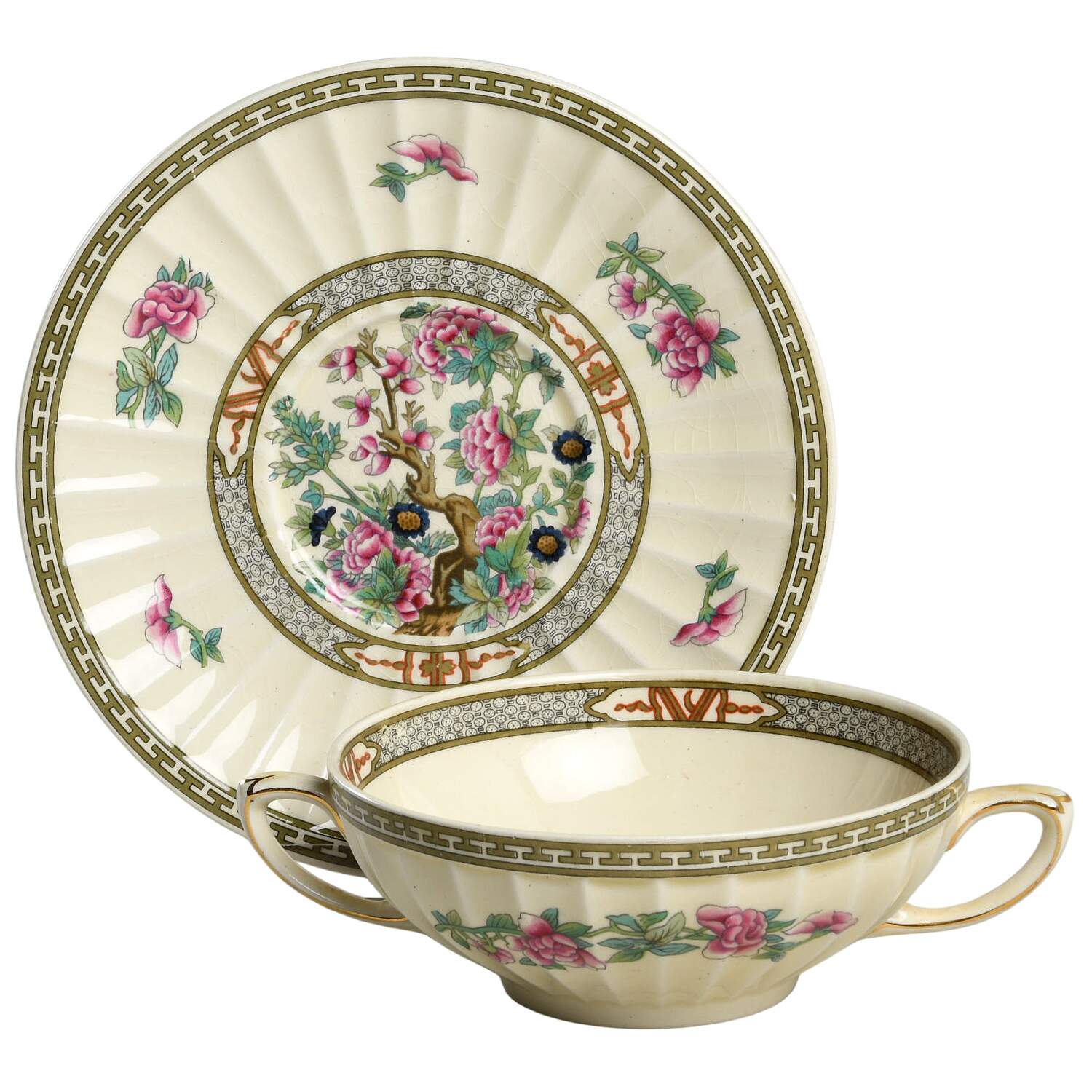 Indian Tree Flat Cream Soup Bowl & Saucer Set by Crown Ducal-1