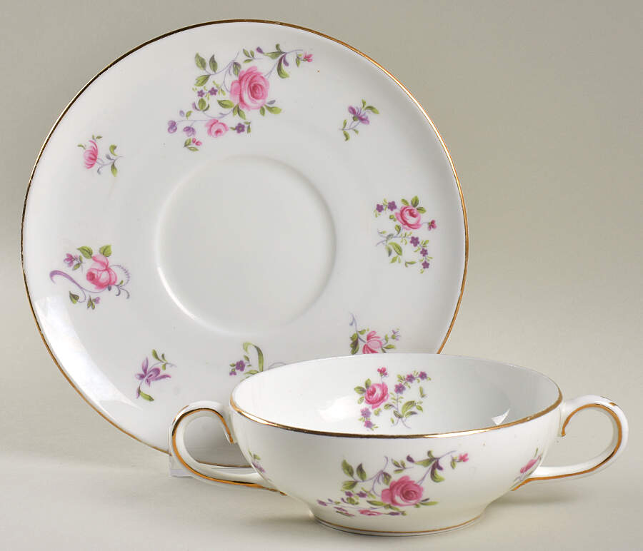 English Rosebud (Smooth Edge) Cream Soup Bowl & Saucer Set by Crown Staffordshire-1