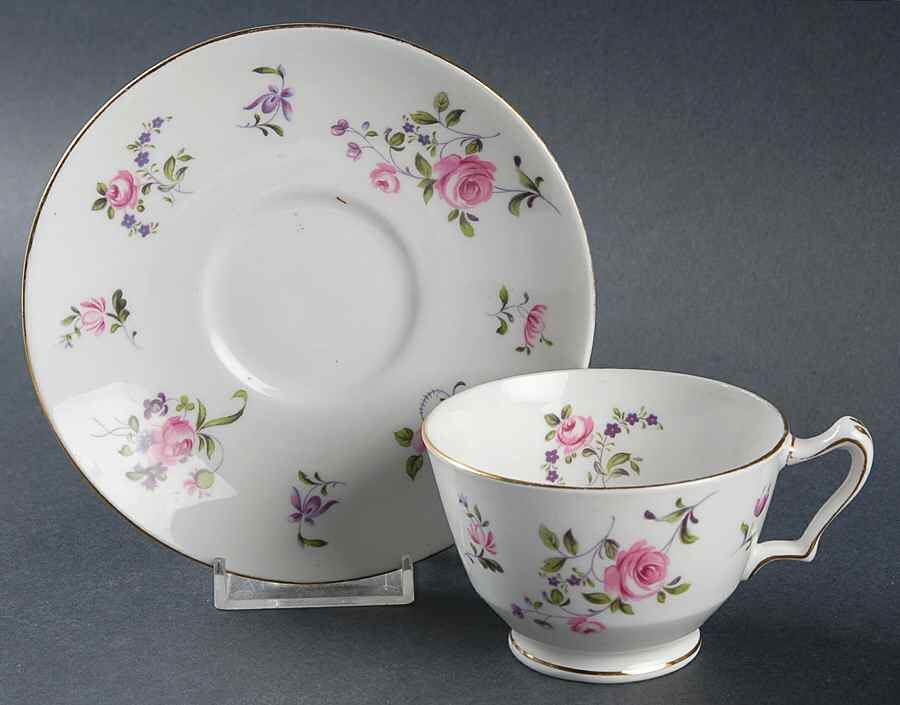 English Rosebud (Smooth Edge) Footed Cup & Saucer Set by Crown Staffordshire-1