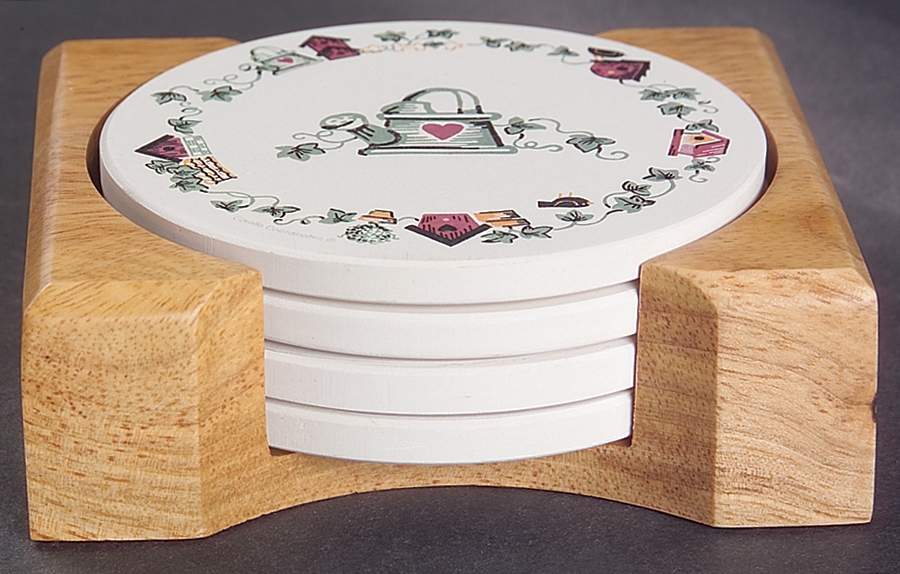 Garden Home (Corelle) Thirst Coaster with Wood Holder - Set of 4 by Corning Corelle-1