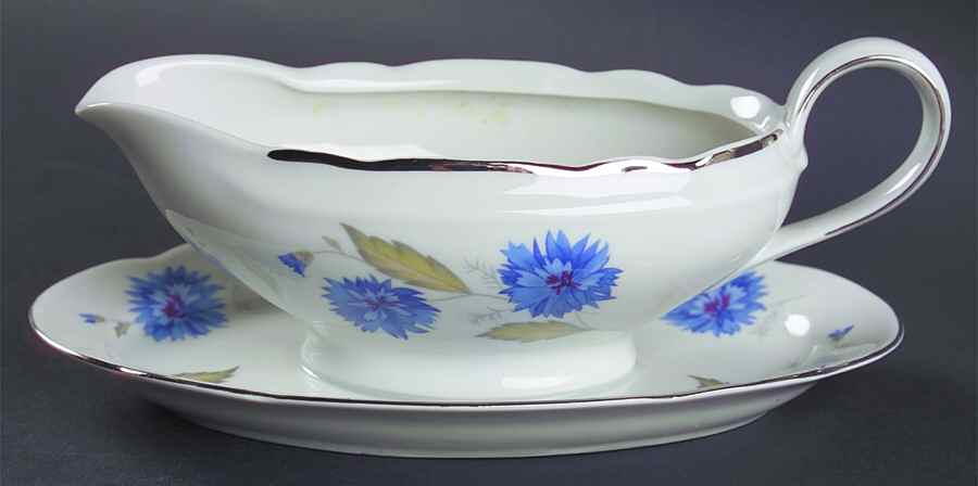 Cornflower (Platinum Trim) Gravy Boat with Attached Underplate by Cmielow (Poland)-1