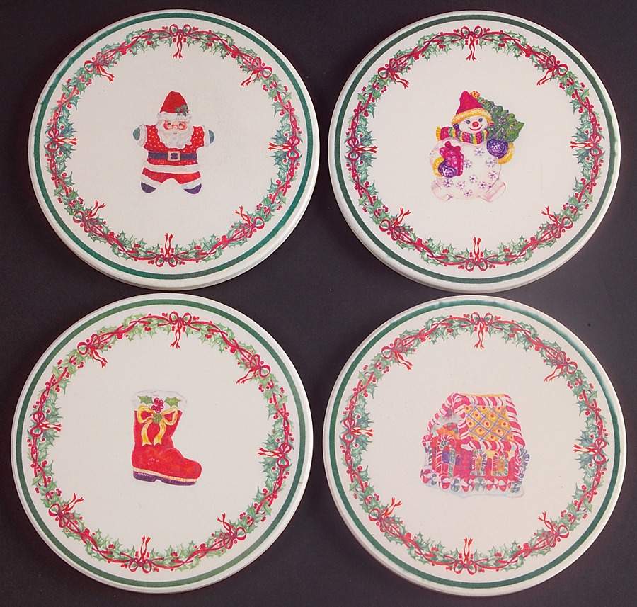 Holiday Celebrations (Green Trim) 4-Piece Cork Back Round Coaster Set by Christopher Radko-1