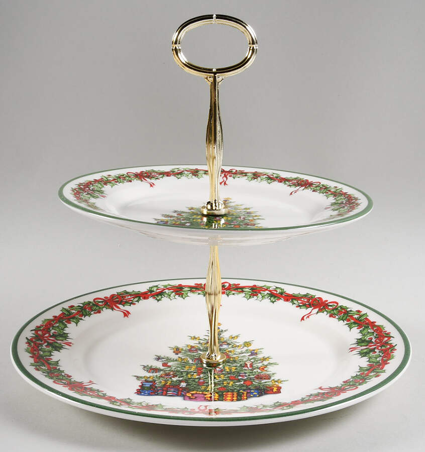 Holiday Celebrations (Green Trim) 6 5/8"-10"  2 Tiered Serving Tray (Dp, Sp) HC by Christopher Radko-1
