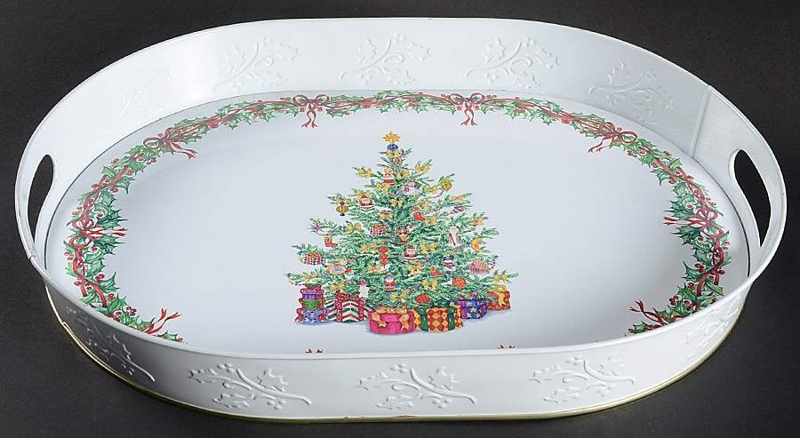 Holiday Celebrations (Green Trim) Metal Oval Tray by Christopher Radko-1