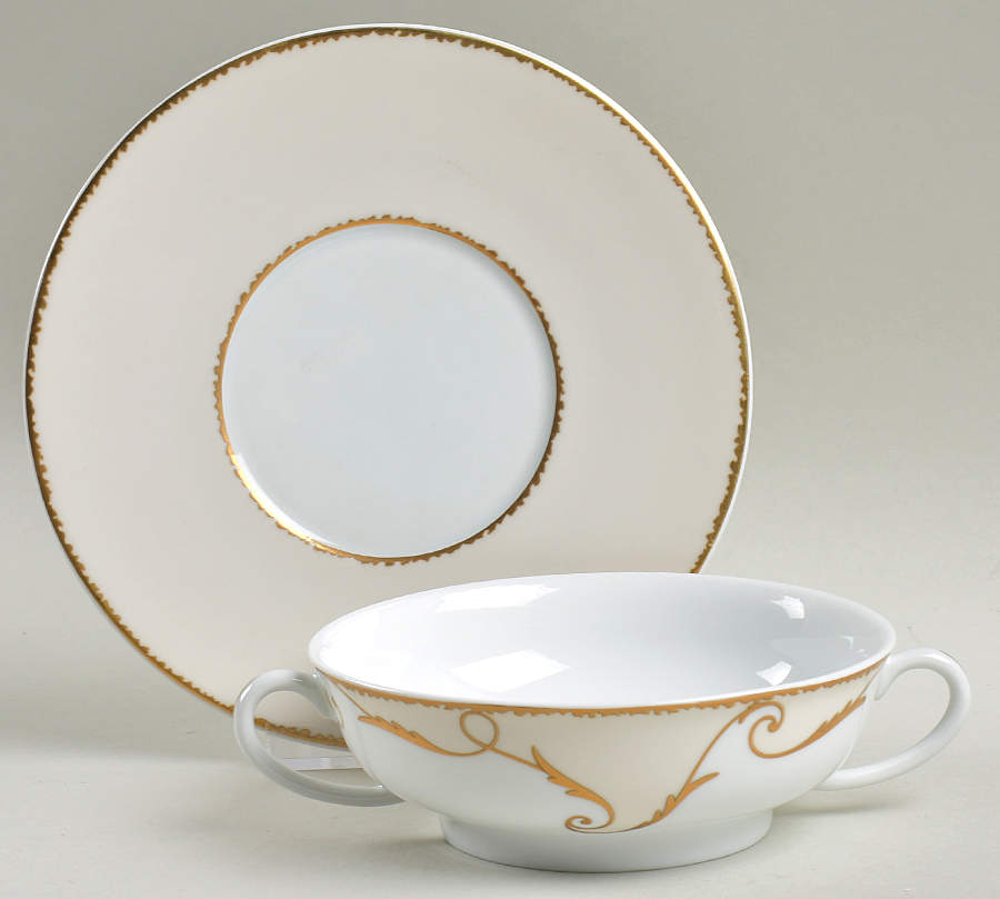 Follement (Gold Trim) Footed Cream Soup Bowl & Saucer Set by Christian Lacroix-1