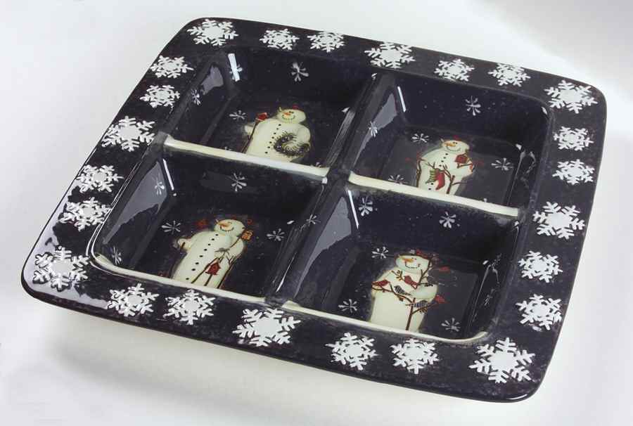 Twilight Snowman (White Stars) Divided 4-Part Square Platter by Certified International-1