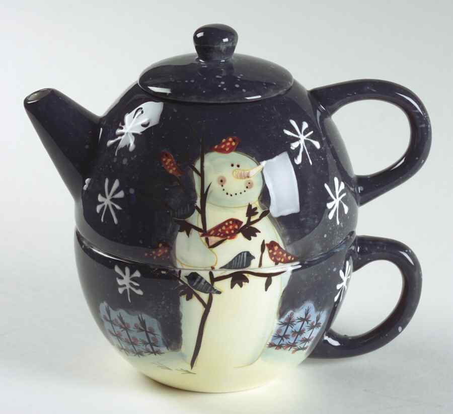 Twilight Snowman (White Stars) Individual Teapot & Lid with Cup by Certified International-1