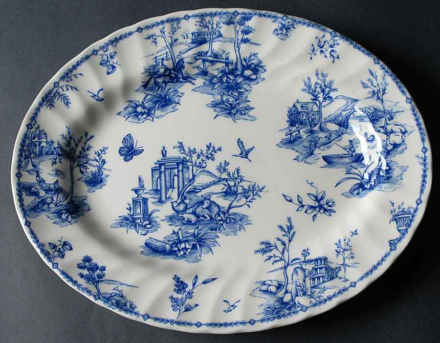 Toile Blue (Scalloped) 12" Oval Serving Platter by Churchill-1