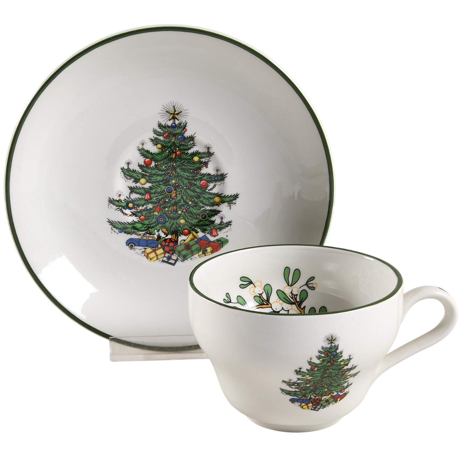 Christmas Tree (Narrow Green Band, White) Flat Cup & Saucer Set by Cuthbertson-1