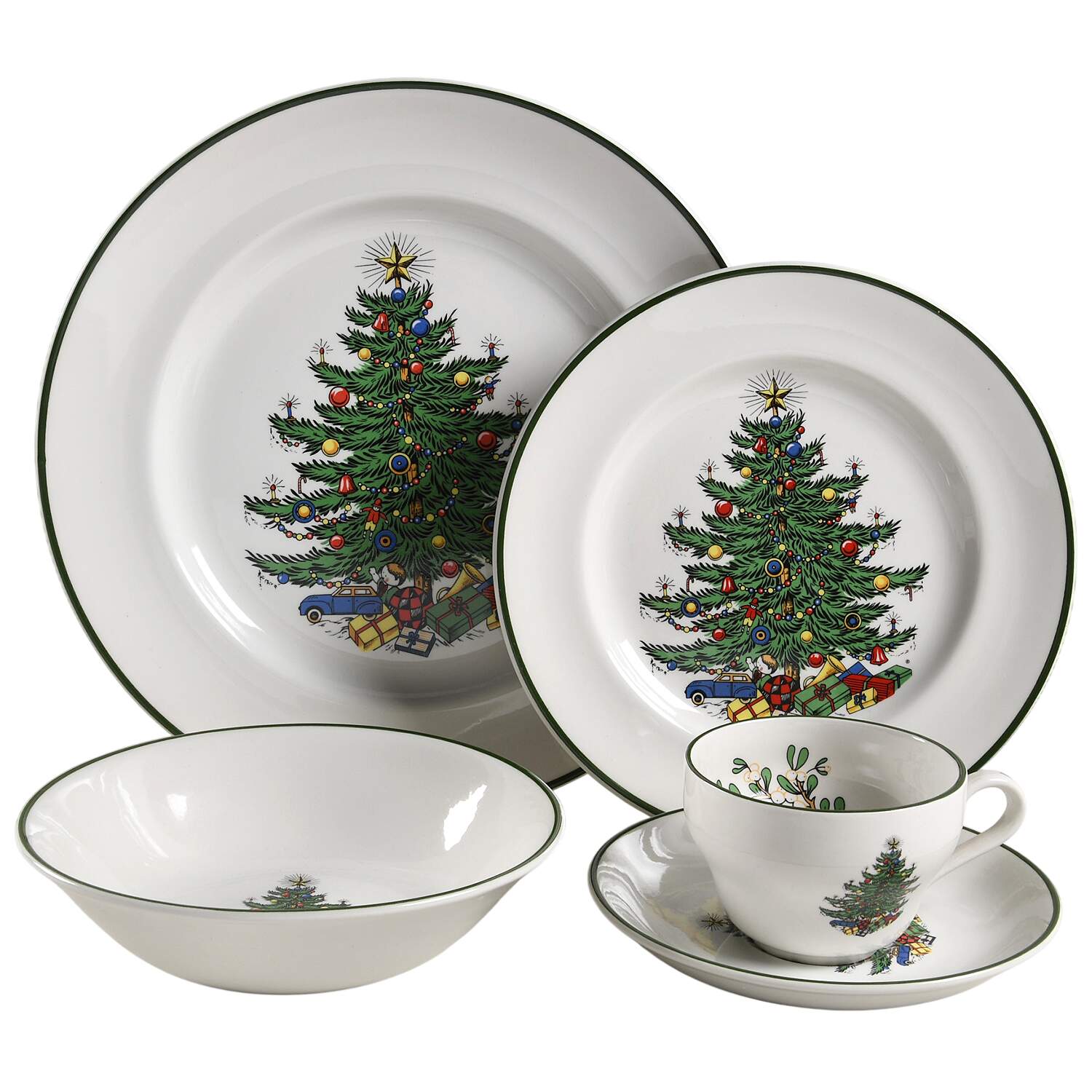 Christmas Tree (Narrow Green Band, White) 5 Piece Place Setting by Cuthbertson-1