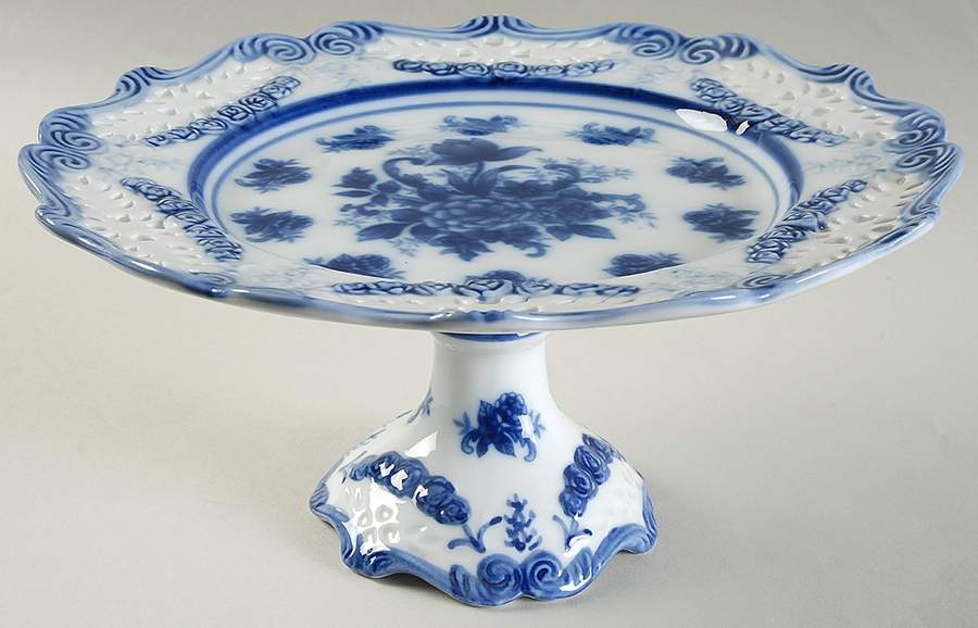 Blue And White 10" Diameter Pedestal Cake Stand by Cracker Barrel-1