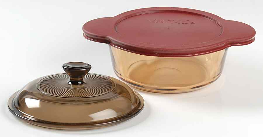 Visions Amber 1 Qt Round Casserole w/Glass & Plastic Lids by Corning Corelle-1