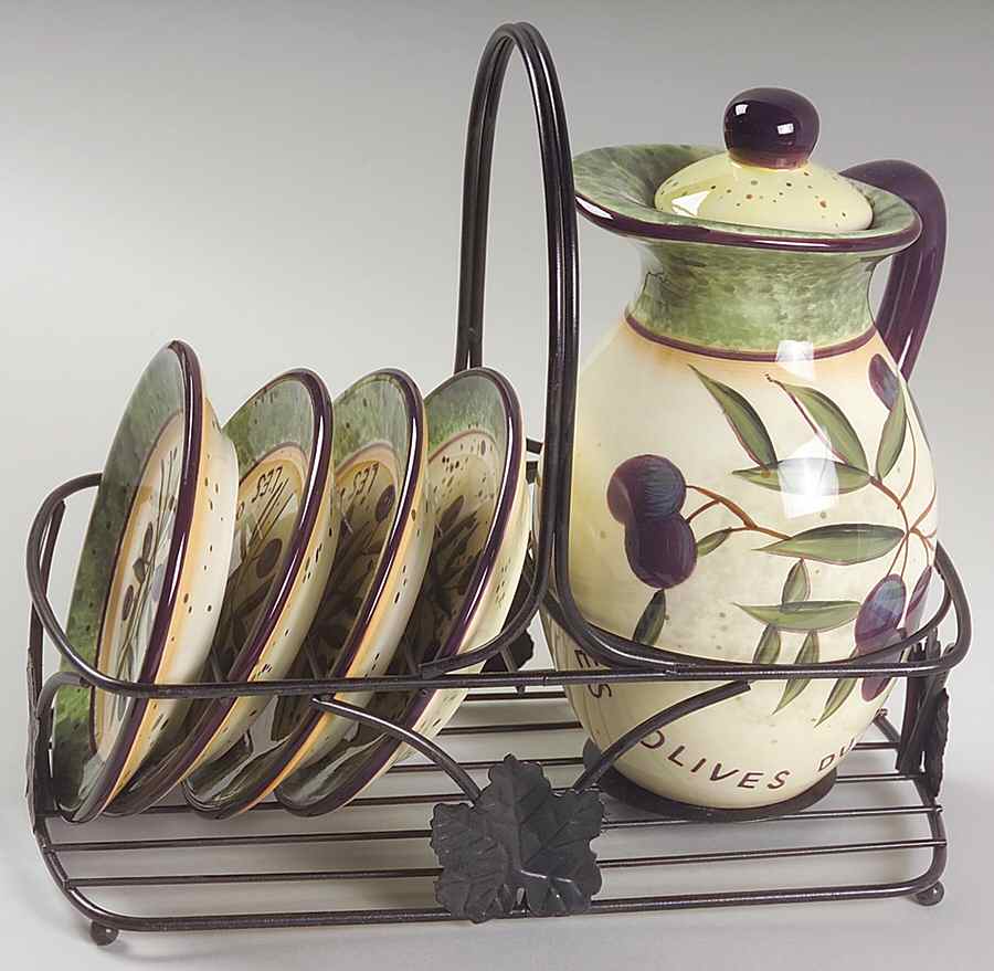 Garden of Olives (7 Pc) Oil Set (Oil&Lid,4 Motif Dip & Metal Std) by Certified International-1