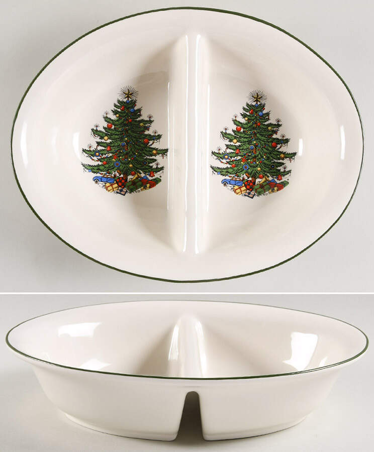 Christmas Tree (Narrow Green Band, Cream, Newer) 11" Oval Divided Vegetable Bowl by Cuthbertson-1