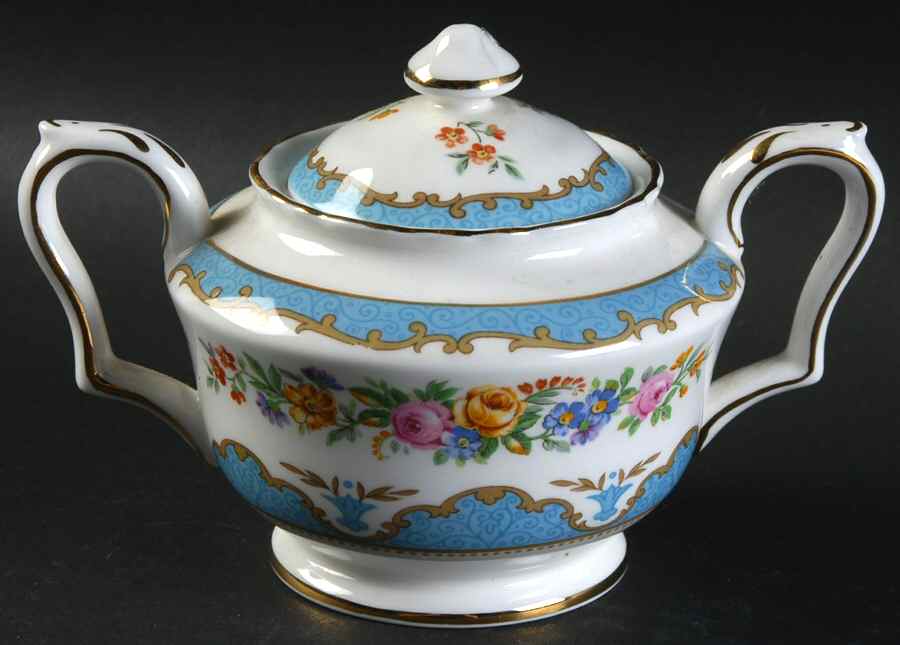 Lyric Tunis Blue (Flat Rim) Sugar Bowl & Lid by Crown Staffordshire-1