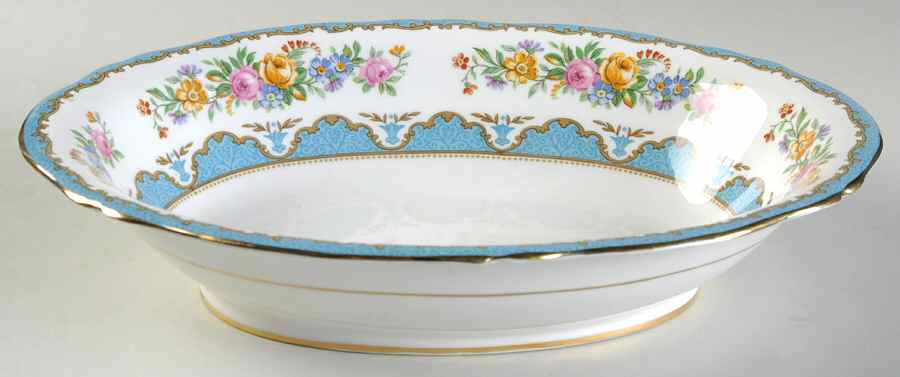 Lyric Tunis Blue (Flat Rim) 10" Oval Vegetable Bowl by Crown Staffordshire-1