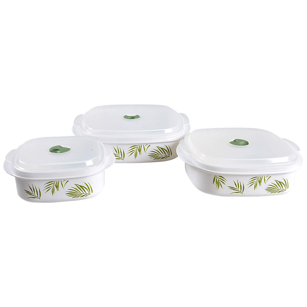 Bamboo Leaf (Corelle) (Set of 3)Square Plastic Microwave Bowl w/Vent Lid by Corning Corelle-1