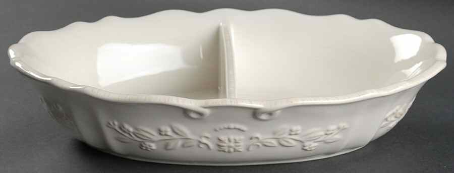 Traditions Embossed White (Corelle) 12" Oval Divided Vegetable Bowl by Corning Corelle-1