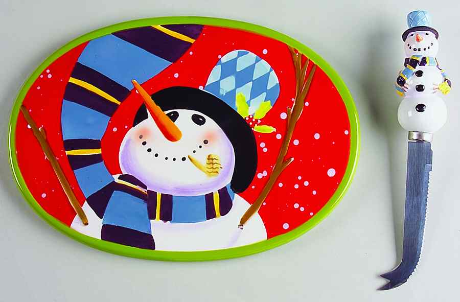 Jolly Snowman Oval Cheese Plate with Knife by Certified International-1