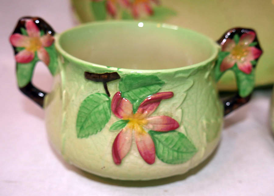 Apple Blossom Green Open Sugar Bowl by Carlton Ware (England)-1