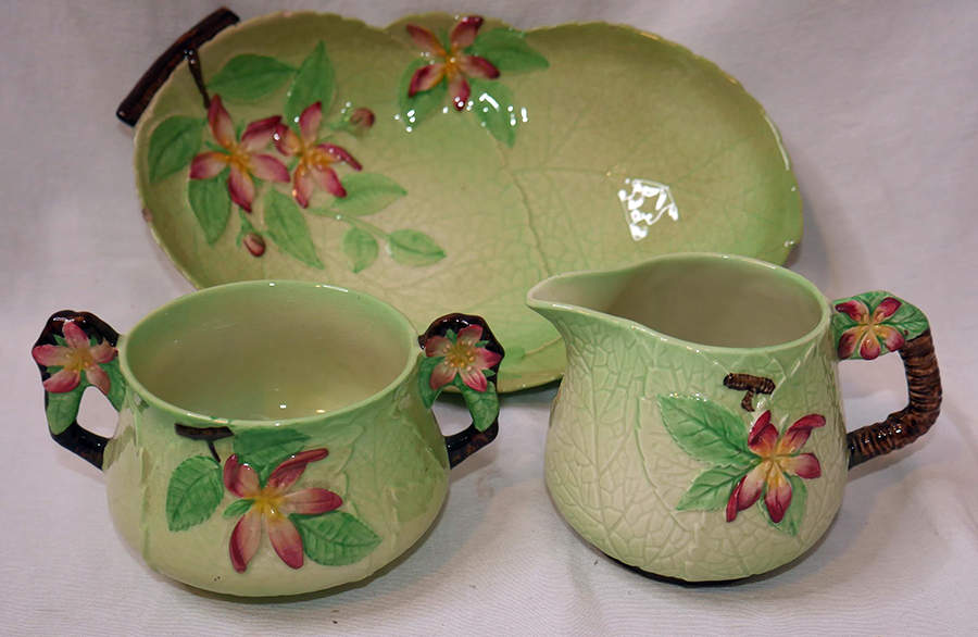 Apple Blossom Green Creamer & Open Sugar with Tray by Carlton Ware (England)-1