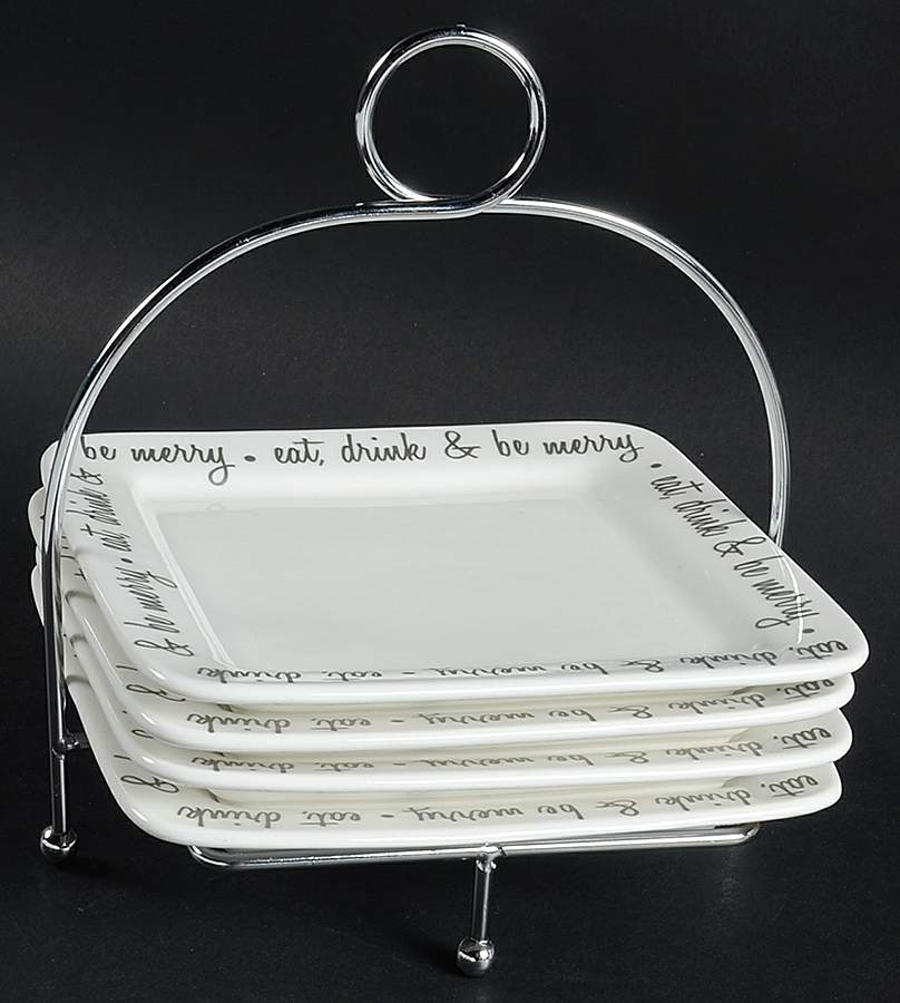 Be Merry Platinum Square Appetizer Plate & Metal Stand - Set of 4 by Ciroa-1