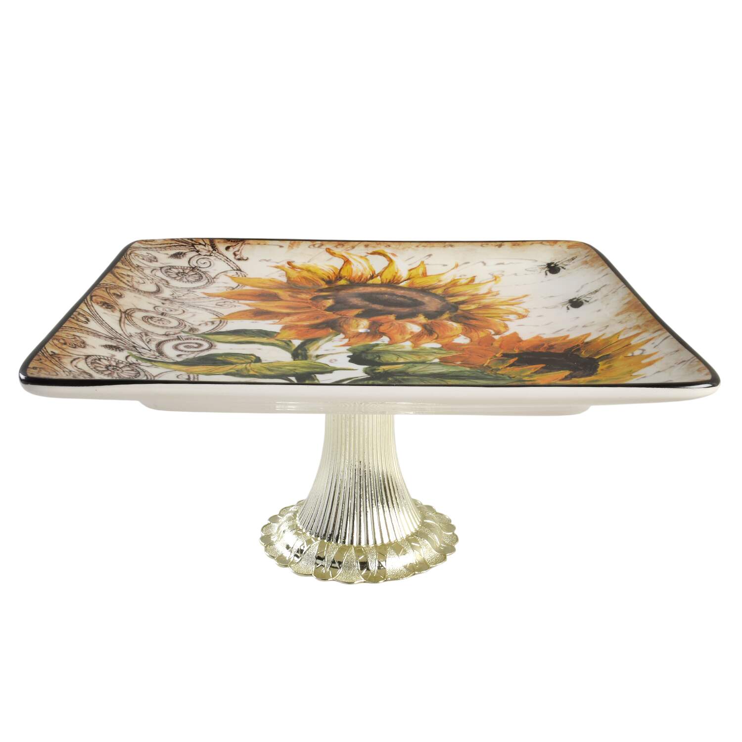 French Sunflowers Cake Stand with 4"-5" Metal Pedestal  Hc by Certified International-1