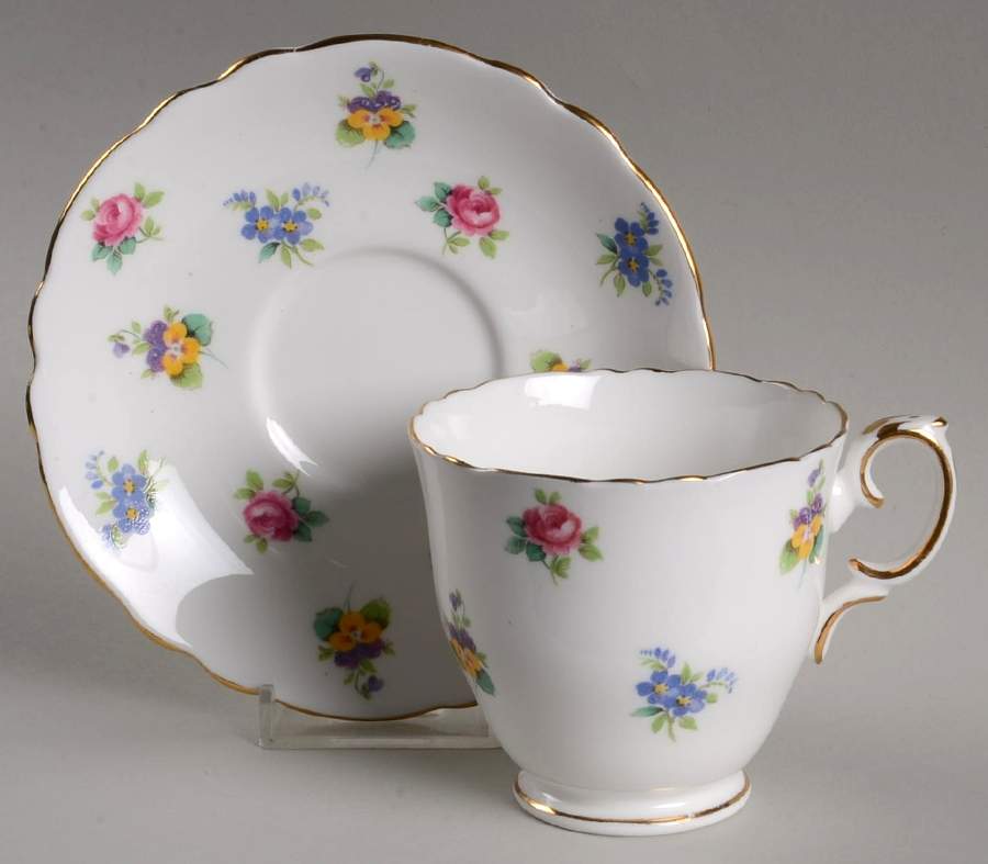 Floral Bouquet (Scalloped, Gold Trim) Footed Cup & Saucer Set by Crown Staffordshire-1