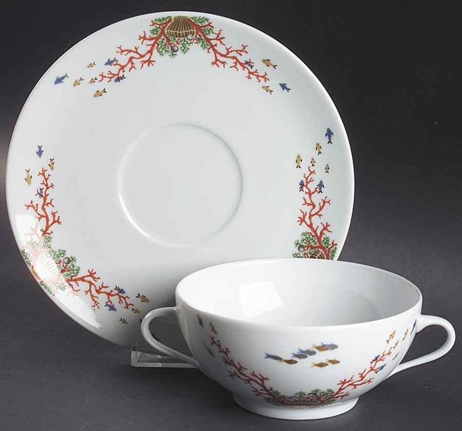 Mer De Corail Flat Cream Soup Bowl & Saucer Set by Philippe Deshoulieres-1
