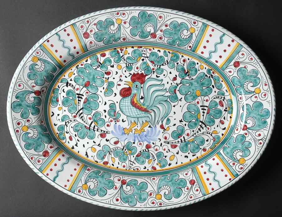 Green Rooster (Orvieto) 16" Oval Serving Platter by Deruta (Italy)-1