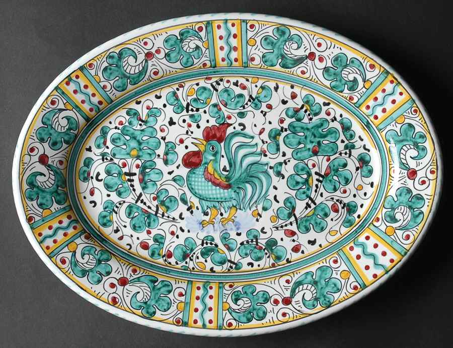 Green Rooster (Orvieto) 11" Oval Serving Platter by Deruta (Italy)-1