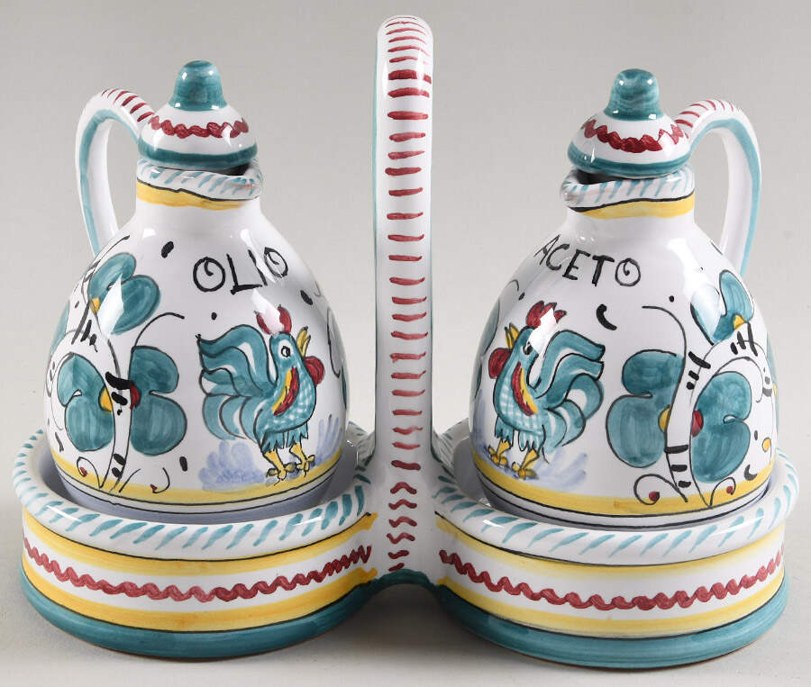 Green Rooster (Orvieto) Vinegar & Oil Tray Set by Deruta (Italy)-1