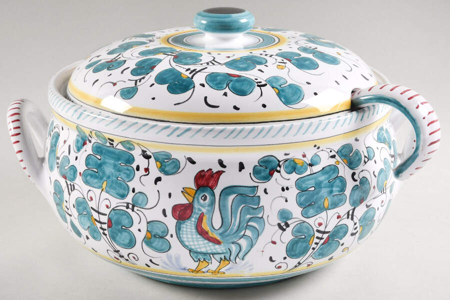 Green Rooster (Orvieto) Tureen & Lid w/Ladle by Deruta (Italy)-1