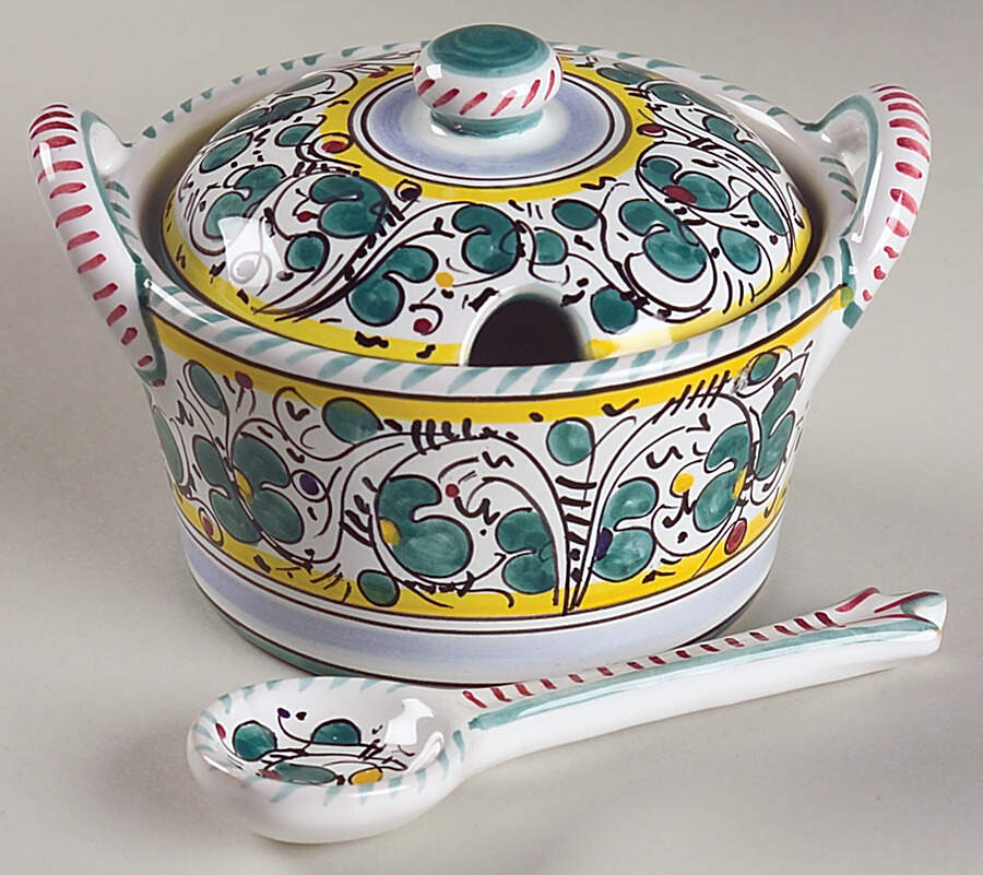 Green Rooster (Orvieto) Jam/Jelly & Lid W/Spoon by Deruta (Italy)-1