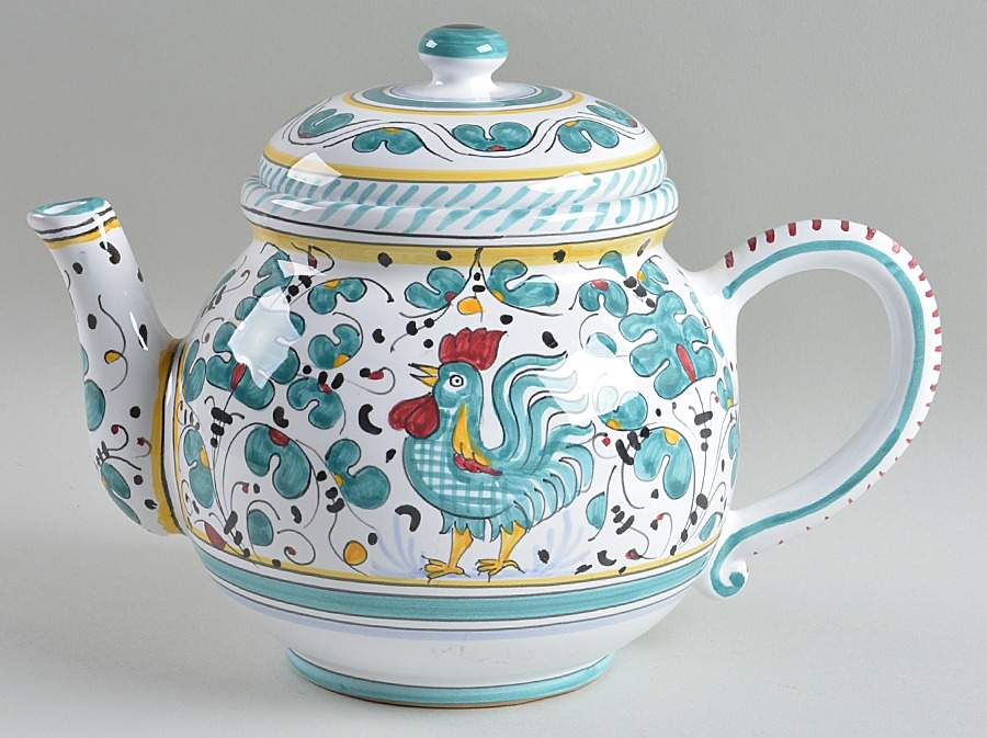 Green Rooster (Orvieto) Teapot & Lid by Deruta (Italy)-1