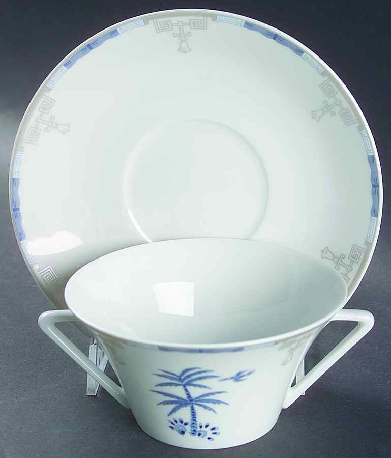 Mandarin Blue Flat Cream Soup Bowl & Saucer Set by Philippe Deshoulieres-1