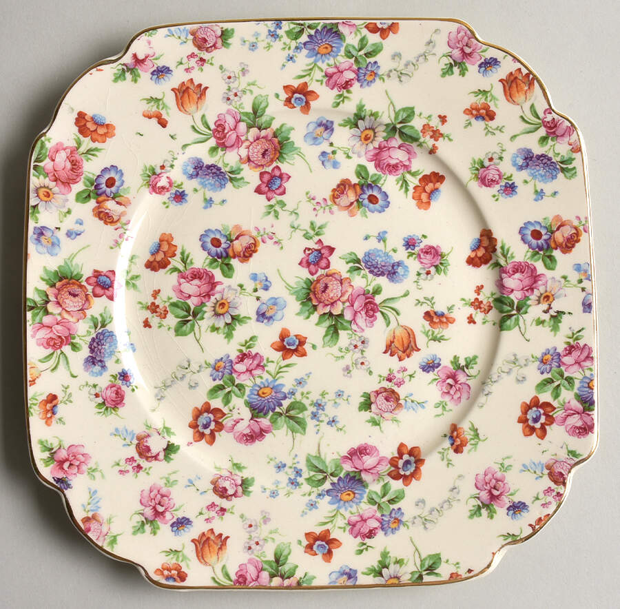DORSET (CHEERY CHINTZ, GOLD TRIM) Square Salad Plate by Eberling & Reuss-1